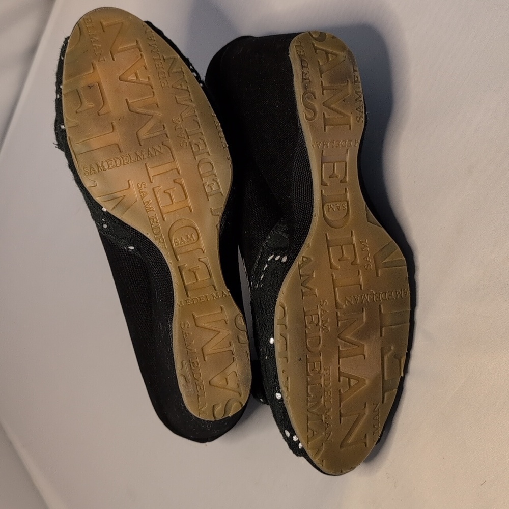 Sam Edelman Black & Silver Canvas Peep Toe Wedge Heels - Picture 13 of 16